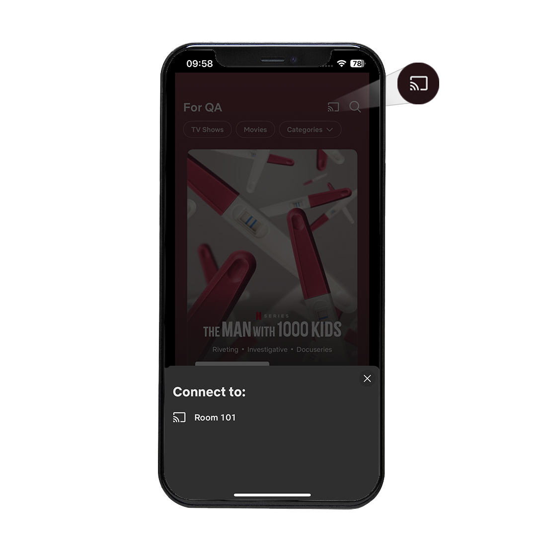 An Iphone with a streaming app open, highligting the Cast icon.