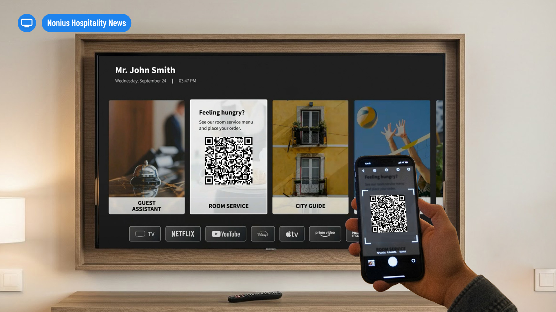 Guest scanning QR Code from Interactive TV Menu for Hotels