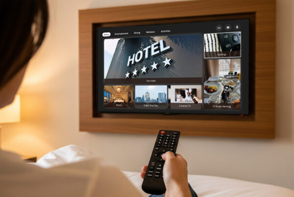 Hotel guest watching TV in hotel room with Interactive TV updated with new TV Layout