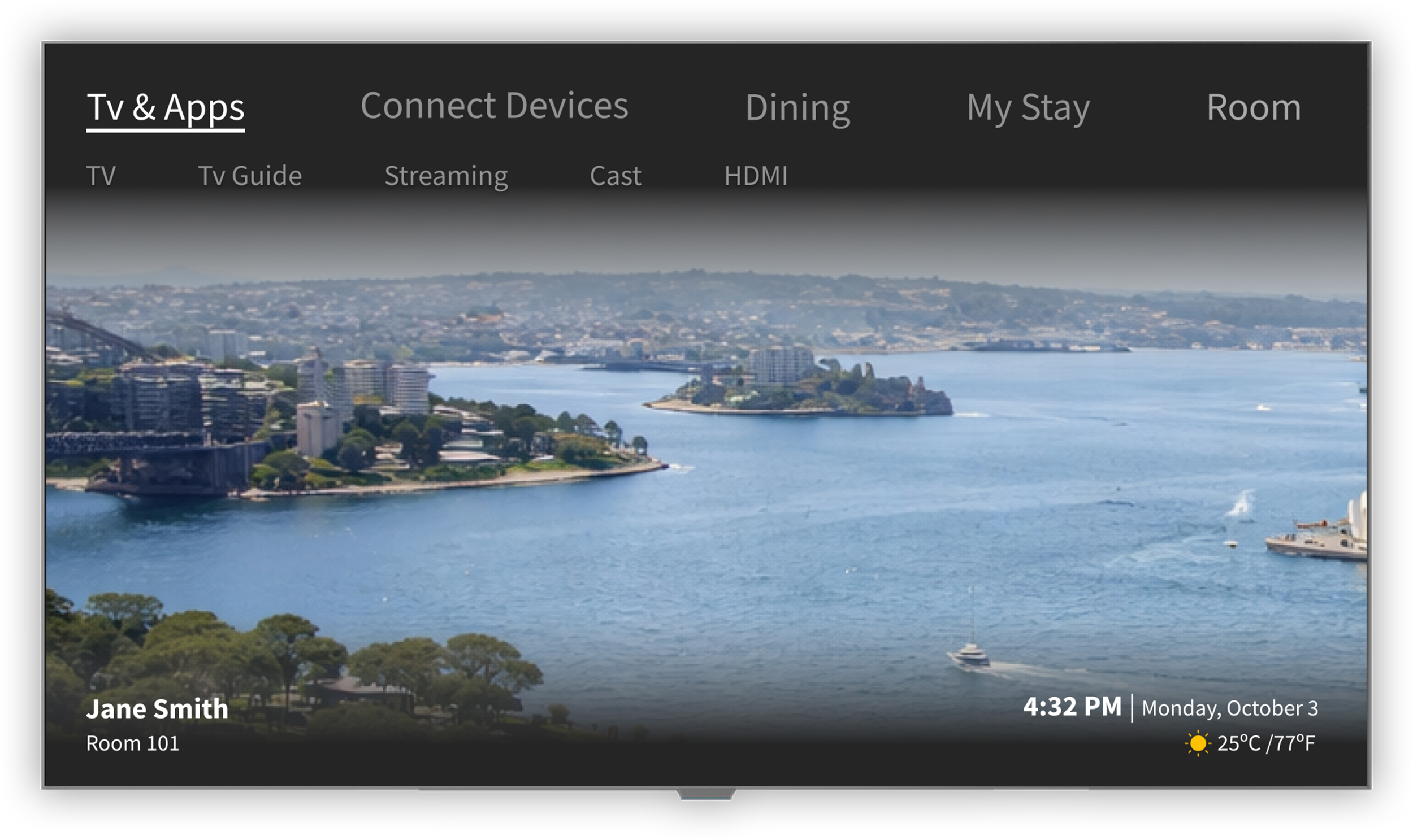 Layout di Nonius TV+ con un menu di intrattenimento per gli ospiti