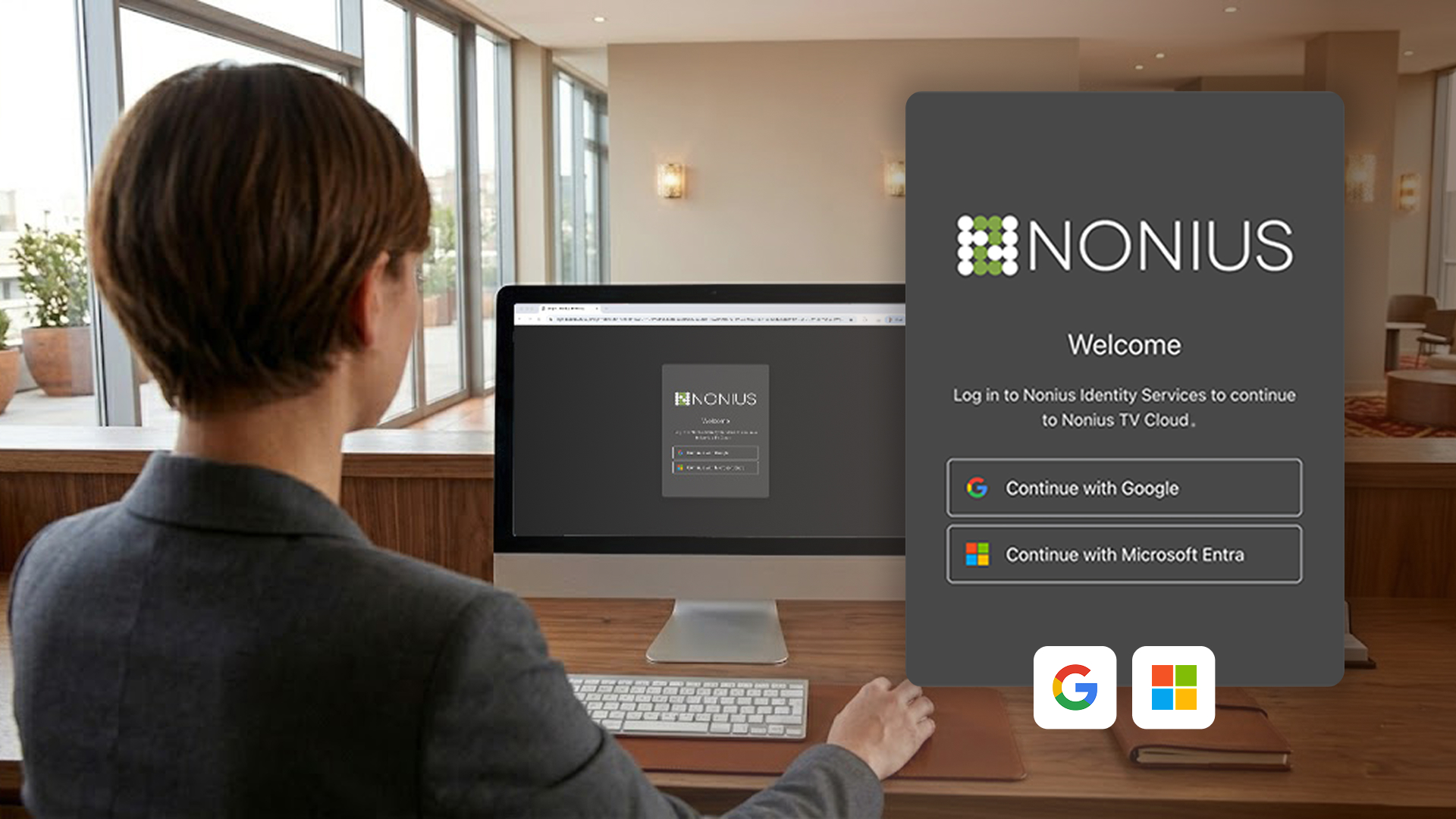 Hotel staff securely accessing Nonius platforms with single sign-on using Microsoft and Google authentication for ISO 27001 and SOC 2 compliance