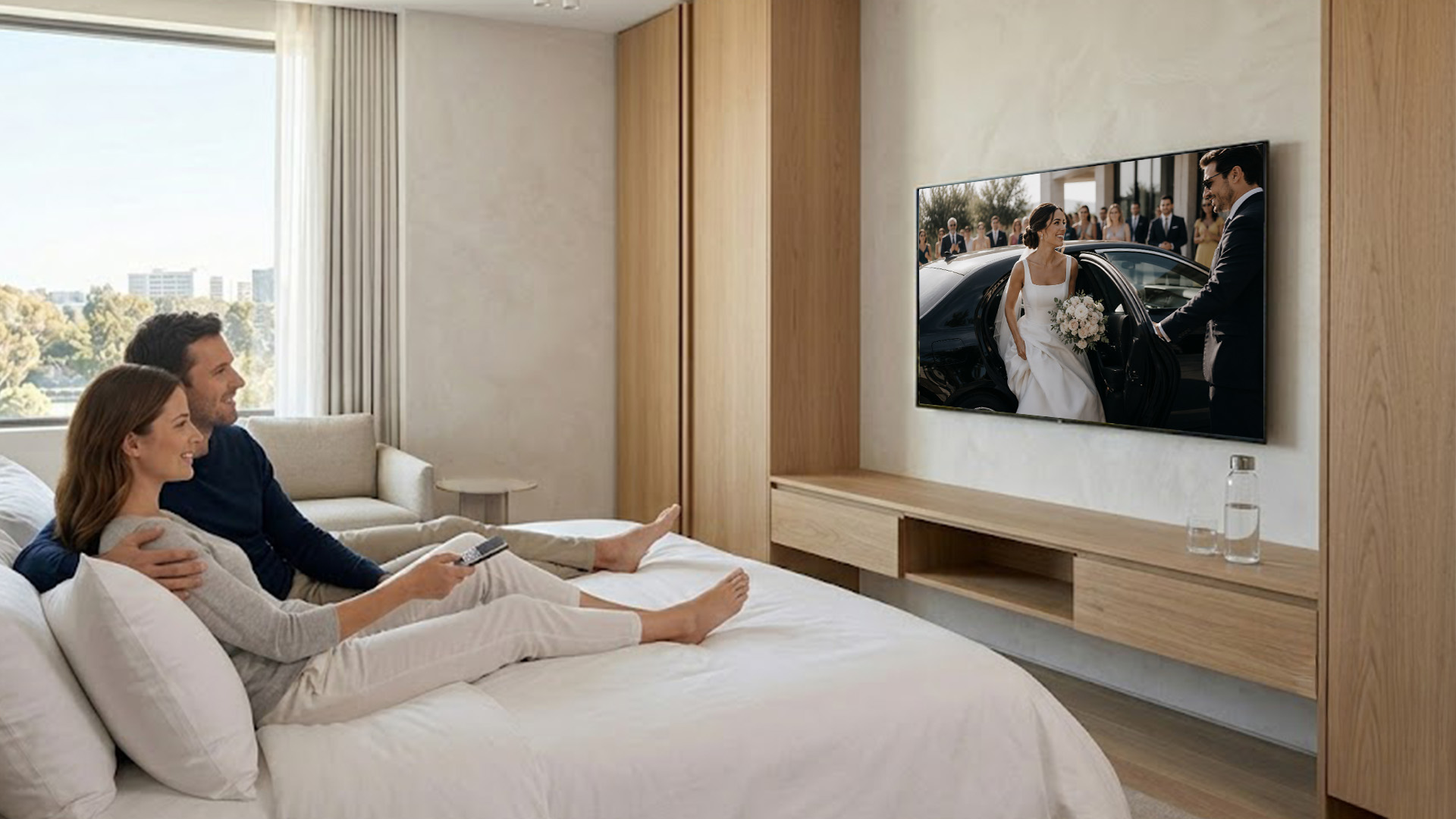Hotel TV showing Nonius Guest Album with personalized event photos and videos for wedding and group guests in hospitality environment
