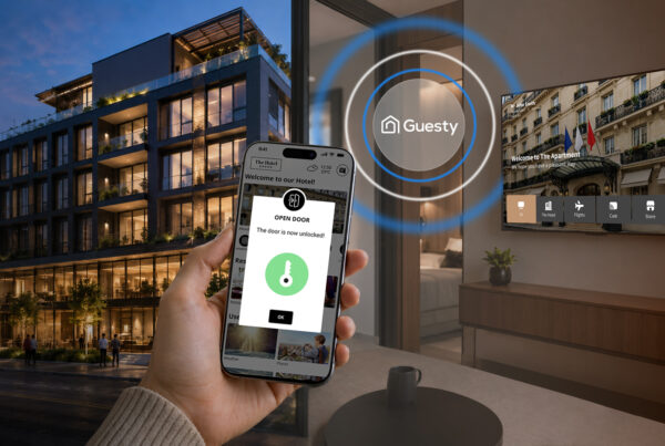 Hybrid hospitality and residential property showing unified Nonius TV+ and Mobile experience with Guesty PMS integration across smart TV and mobile digital key