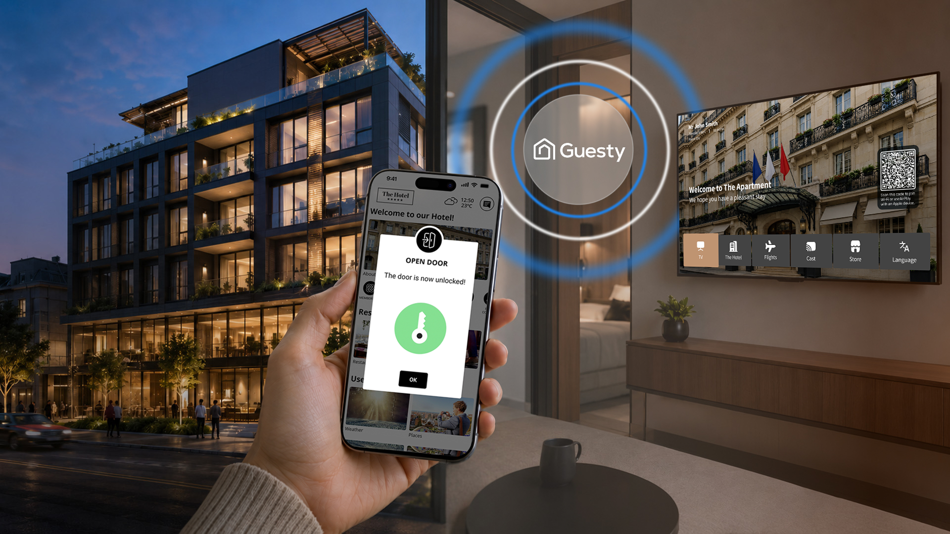 Hybride horeca- en wooncomplexen die een geïntegreerde Nonius TV+ en mobiele ervaring bieden, met Guesty PMS-integratie op smart-tv’s en via mobiele digitale sleutels
