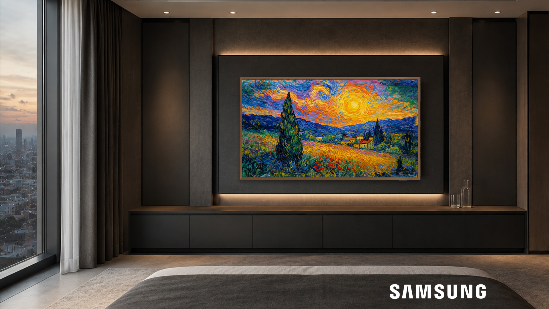 TV Samsung The Frame Hospitality Edition mostrando obras de arte digitales de alta definición en la pared de una habitación de hotel, integrado con la plataforma Nonius TV+ en una habitación de huéspedes de lujo.