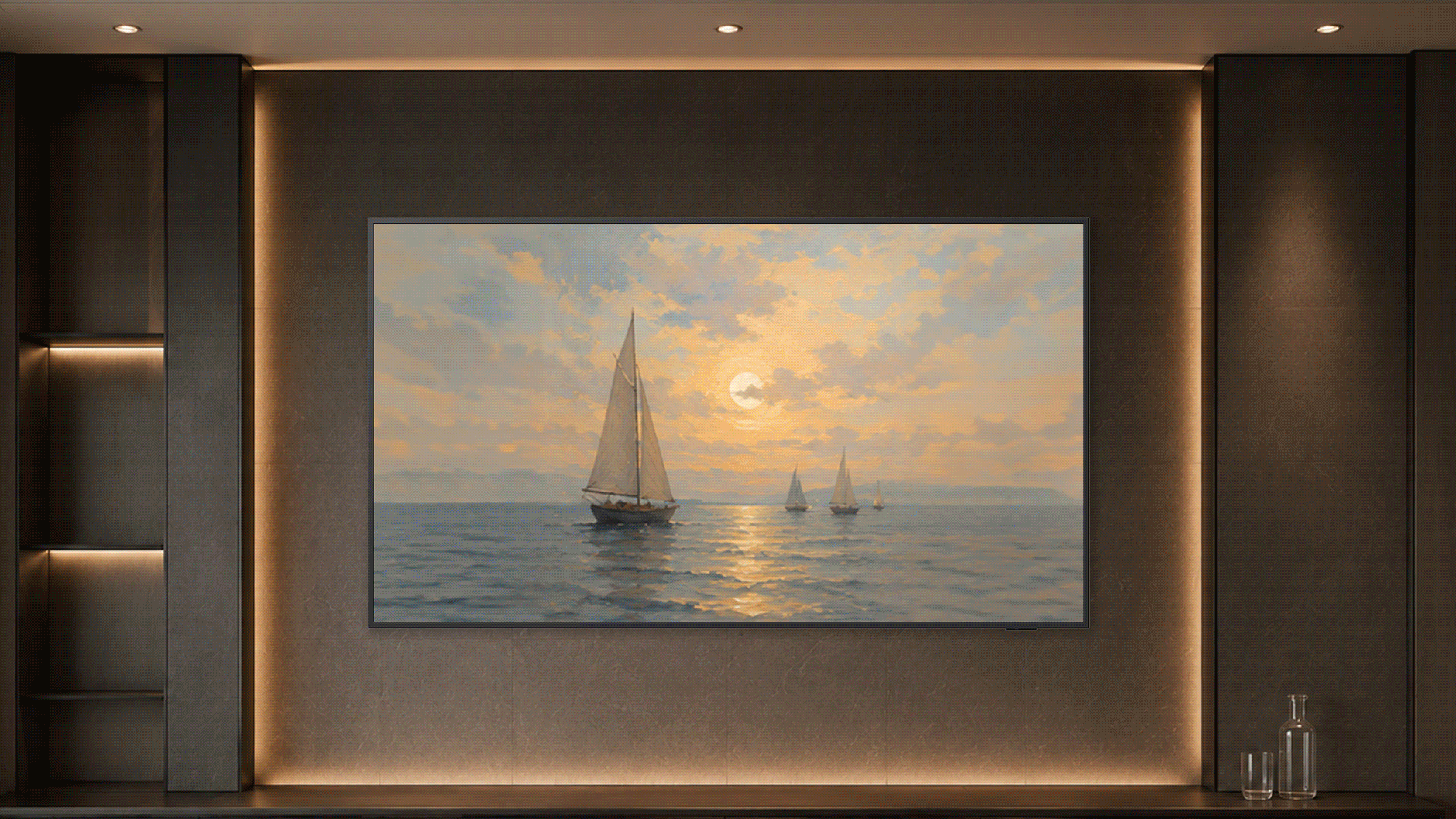 Animated demonstration of Samsung The Frame TV transitioning seamlessly from a curated digital art piece to the Nonius TV+ premium streaming menu interface.