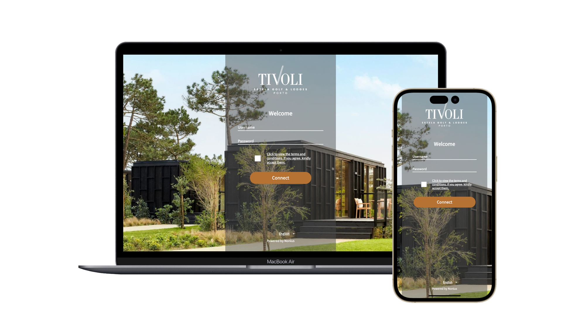 Nonius Wi-Fi captive access portal at Tivoli Estela Golf & Lodges, featuring secure authentication, a customized interface, and simplified Internet access for guests.