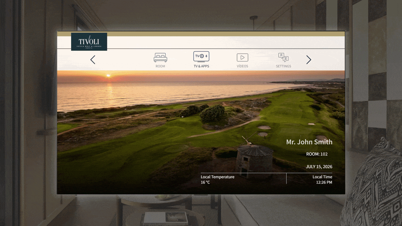 Animation of the Nonius TV+ platform on LG Hospitality TVs at Tivoli Estela Golf & Lodges, featuring interactive TV, streaming apps, Cast functionality, and personalized content for guests.