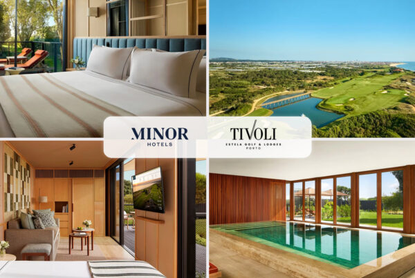 Panoramic view of Tivoli Estela Golf & Lodges, a Minor Hotels resort in Póvoa de Varzim, highlighting the lodges, golf course, and leisure areas, supported by Nonius's integrated technological infrastructure for a premium digital experience.