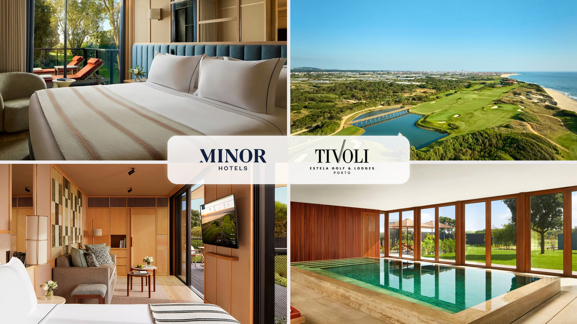 Panoramic view of Tivoli Estela Golf & Lodges, a Minor Hotels resort in Póvoa de Varzim, highlighting the lodges, golf course, and leisure areas, supported by Nonius's integrated technological infrastructure for a premium digital experience.