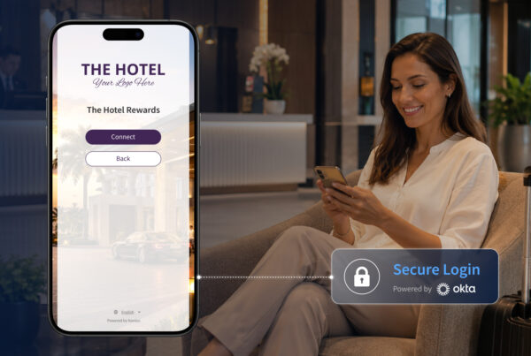Hotel guest accessing branded Wi-Fi through a secure Okta-powered captive portal with personalized loyalty authentication