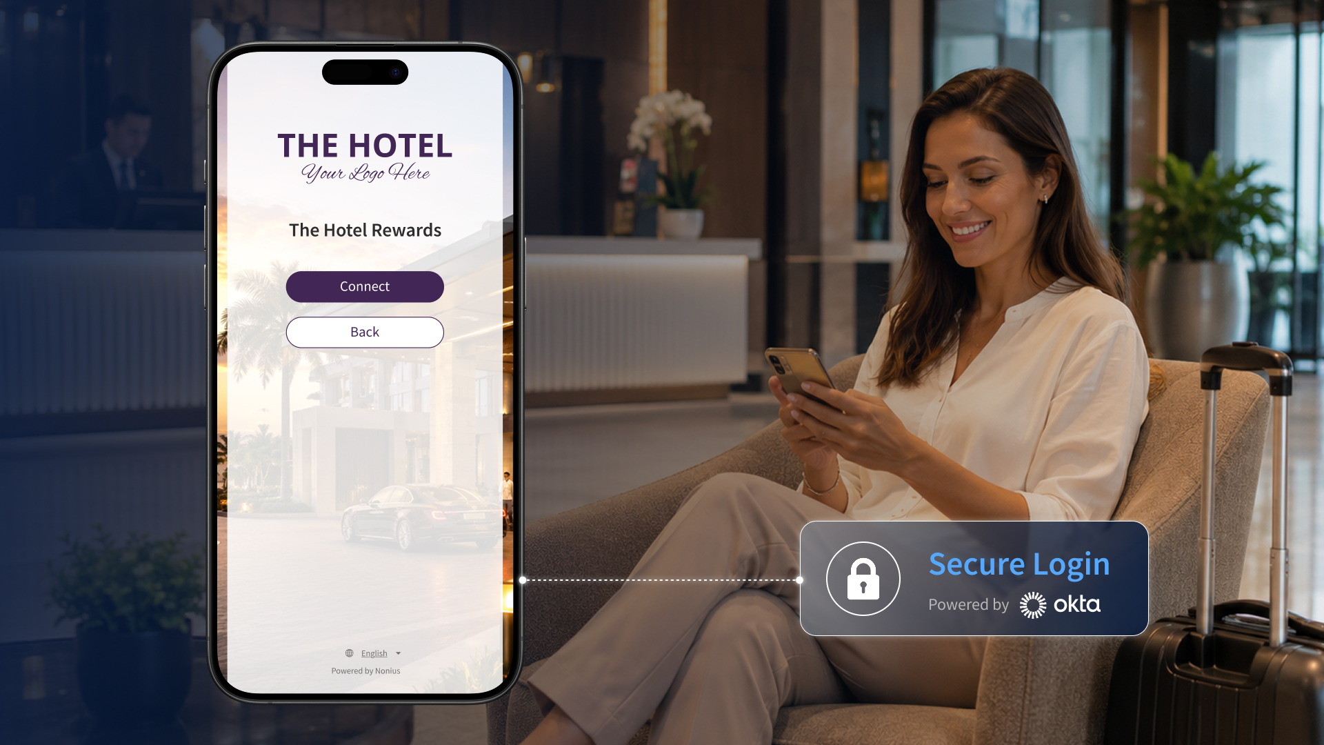 Hotel guest accessing branded Wi-Fi through a secure Okta-powered captive portal with personalized loyalty authentication